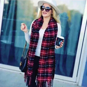 Plaid print Oblong scarf - red black